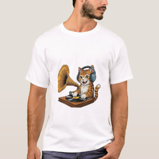 Vintage DJ Katze mit Grammophon-Plattenspieler T-Shirt