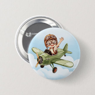 Vintage Doppeldecker Flugzeug Junge Blauer Wolkenh Button