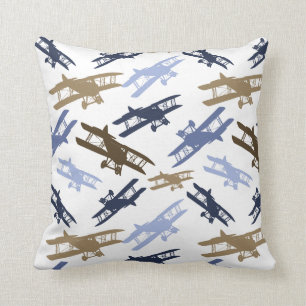 Vintage-Doppeldecker-Flugzeugmuster Blau Braun Kissen