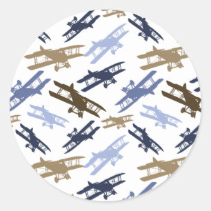 Vintage-Doppeldecker-Flugzeugmuster Blau Braun Runder Aufkleber
