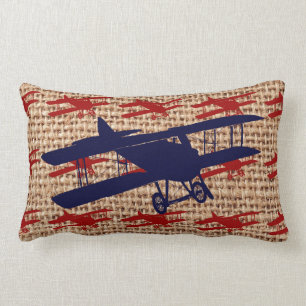 Vintage Doppeldecker Propeller Flugzeug auf Jute D Lendenkissen