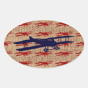 Vintage Doppeldecker Propellerflugzeug auf Jute Dr Ovaler Aufkleber
