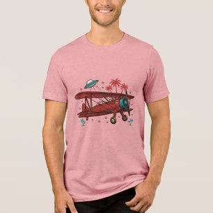 Vintage-Doppeldecker-UFO-Tropen-Reise-Shirt-Design Tri-Blend Shirt