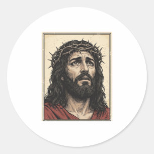 Vintage-Dornenkronen-Religionsportrait-Vektor-Art_ Runder Aufkleber