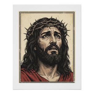 Vintage-Dornenkronen-Religionsporträt-Vektor-Art_ Poster