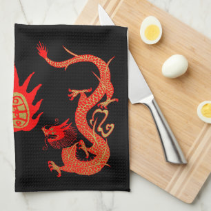 Vintage-Drache Feiertags Rot und Schwarz Geschirrtuch