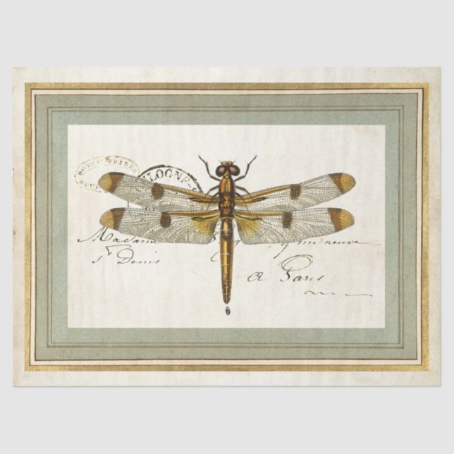 Vintage Dragonfly-Gold-Rahmen-Französisches Postma Seidenpapier (Vorderseite)