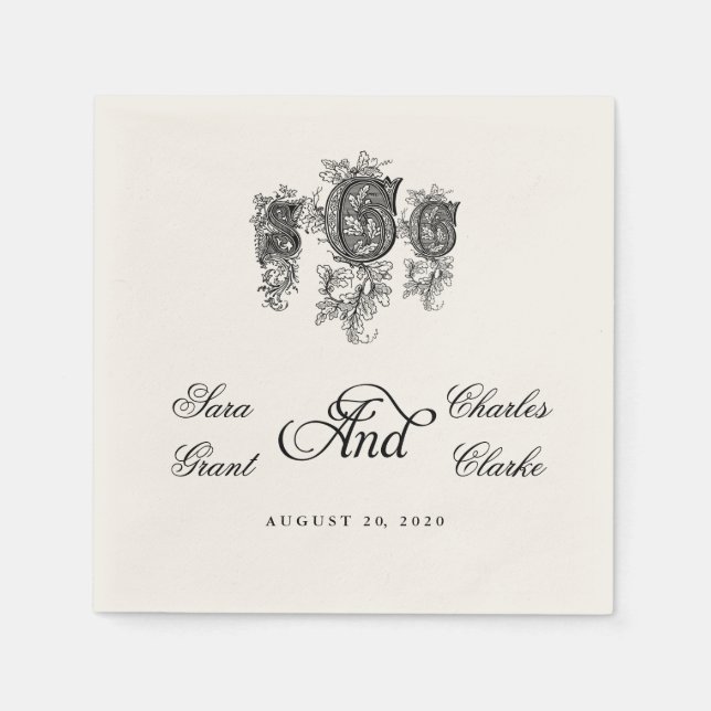 Vintage drei Monogramm SCC Hochzeitspapier Napkins Serviette (Vorderseite)