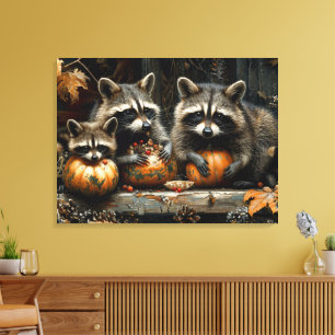 Vintage Drei Waschbären und Kürbisse Herbst 32x24 Leinwanddruck