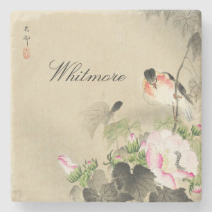 Vintage Drucke für japanische Vögel und rosa Blüte Steinuntersetzer
