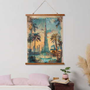 Vintage Dubai Burj Khalifa Skyline Blick Wandteppich Mit Holzrahmen