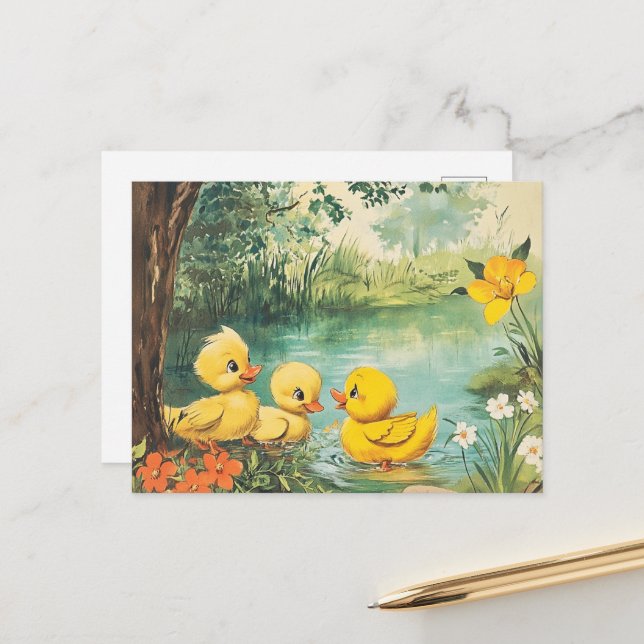 Vintage Ducklings Postkarte (Vorderseite/Rückseite Beispiel)
