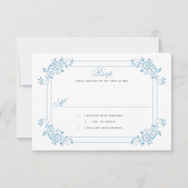 Vintage dunkelblaue Wirbel RSVP Karte (Vorderseite)