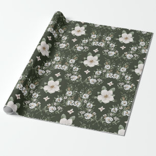 Vintage dunkelgrüne Aquarell-Magnolie-Blumen Geschenkpapier