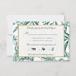 Vintage dunkelgrüne goldene Botanische Hochzeit RSVP Karte
