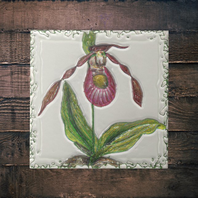 Vintage dunkelrote Lady Slipper Orchid Botanisch Fliese (Von Creator hochgeladen)