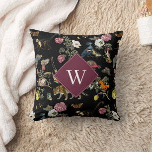 Vintage-Dunkle-Botanik-Tiere-Wald-Monogramm Kissen