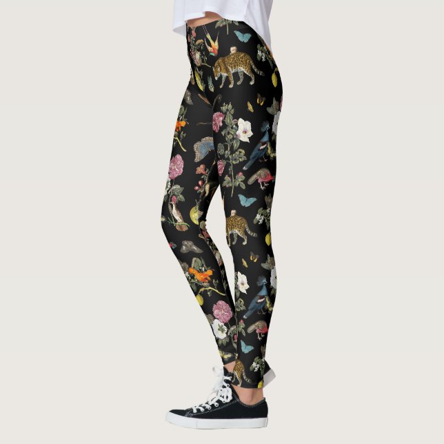 Vintage dunkle botanische Wildtiere im Wald Leggings (Links)