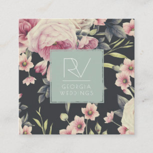 Vintage dunkle Floral auf Schwarz   Monogramm Quadratische Visitenkarte