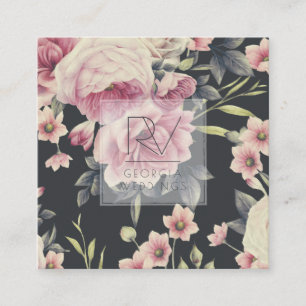 Vintage dunkle Floral auf Schwarz   Monogramm Quadratische Visitenkarte