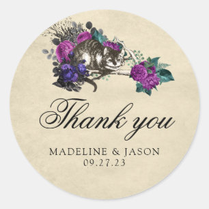 Vintage dunkle Lila Blumenkatze Hochzeit Danke, C Runder Aufkleber