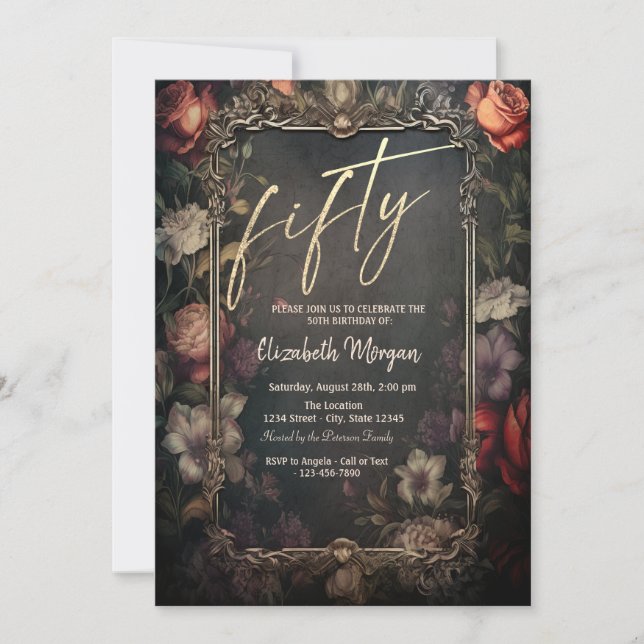 Vintage dunkle Rose Gothic 50. Geburtstag Einladung (Vorderseite)