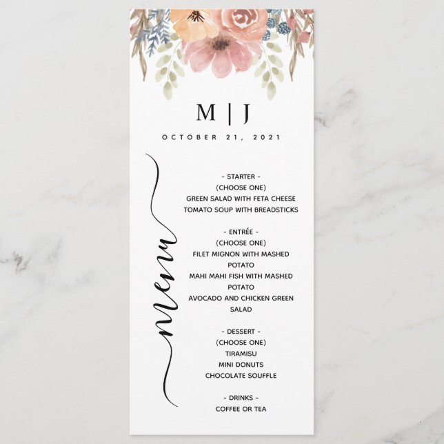 Vintage Dusty Rose Peach Floral Wedding Menükarte