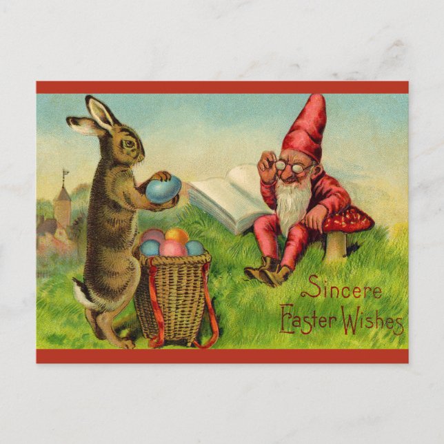 Vintage Easter Bunny and Gnome Postkarte (Vorderseite)