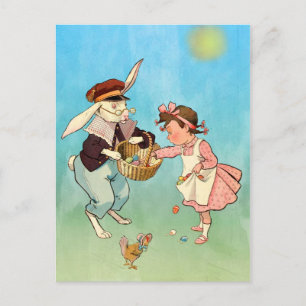Vintage Easter Bunny, Little Girl and Hen Feiertagspostkarte