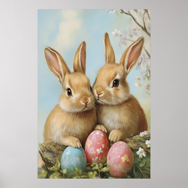Vintage Easter Bunny Print, Pastel Flower Poster (Vorne)