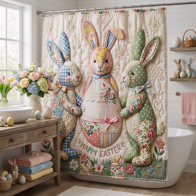 Vintage Easter Bunny Quilted Style Print Duschvorhang (Von Creator hochgeladen)