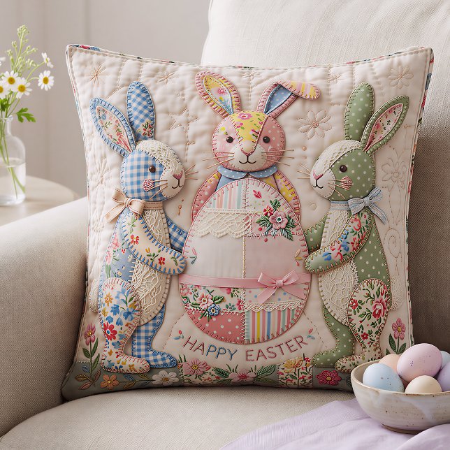 Vintage Easter Bunny Quilted Style Print Kissen (Von Creator hochgeladen)