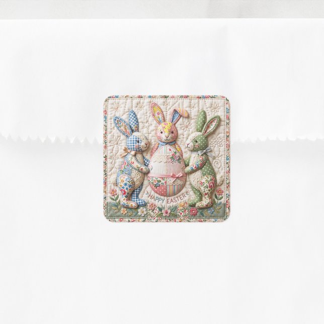 Vintage Easter Bunny Quilted Style Print Quadratischer Aufkleber (Von Creator hochgeladen)