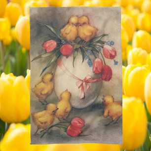 Vintage Easter Chicks with Red Tulip Flowers Geschirrtuch