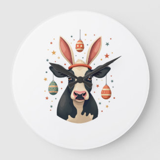 Vintage Easter Cow Bunny Ears Cute Farm Animal Egg Große Wanduhr