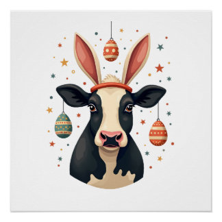 Vintage Easter Cow Bunny Ears Cute Farm Animal Egg Poster