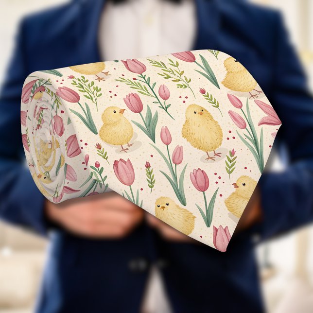 Vintage Easter Cute Yellow Chicks Red Tulips Krawatte (Von Creator hochgeladen)