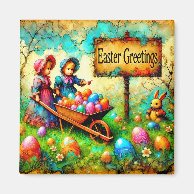 ~ VINTAGE EASTER Girls ~ Ostereier Bunny ~ Magnet (Vorne)