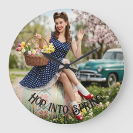 Vintage Easter Pin-Up Clock | Retro Girl Art Große Wanduhr