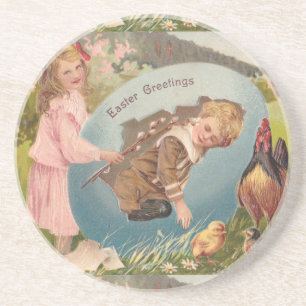 Vintage Easter Victorian Girl & Boy Sandstein Untersetzer