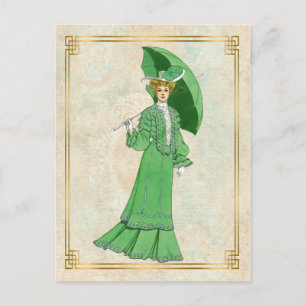 Vintage Edwardian-grünes Kleid und Regenschirm Postkarte