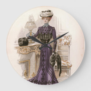 Vintage Edwardian Lady Fox Fashion Illustration Große Wanduhr