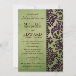 Vintage Eggplant & Olive Damask Hochzeit Einladung