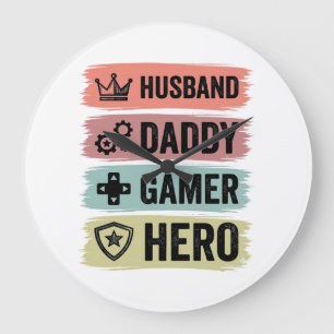 Vintage Ehemann Daddy Gamer Held Geometrisches T-S Große Wanduhr
