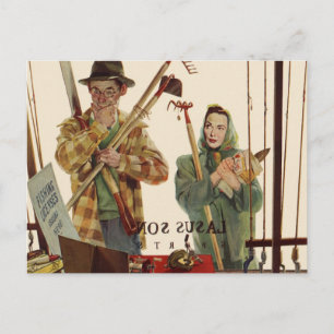 Vintage Ehepaar mit Gartengeräten Postkarte