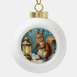 Vintage Eichhörnchen mit Weihnachtslaterne Winter Keramik Kugel-Ornament