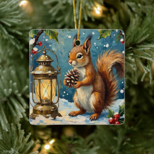 Vintage Eichhörnchen mit Weihnachtslaterne Winter Keramikornament