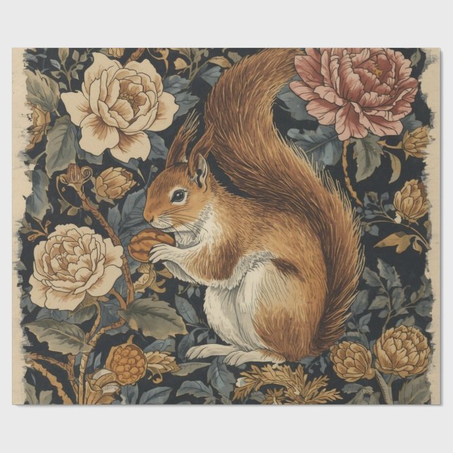 Vintage Eichhörnchen- und Blumenmuster Geschenkpapier (Flach)