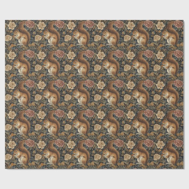 Vintage Eichhörnchen- und Blumenmuster Geschenkpapier (Flach)
