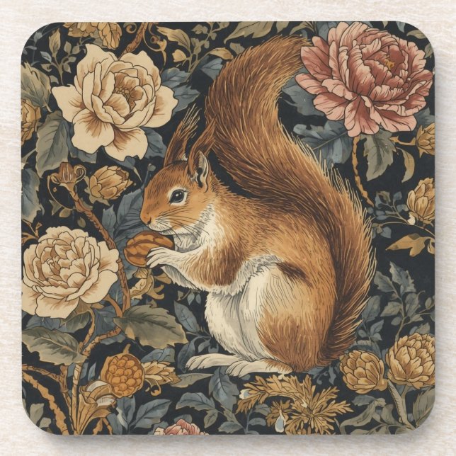 Vintage Eichhörnchen- und Blumenmuster Getränkeuntersetzer (Vorderseite)